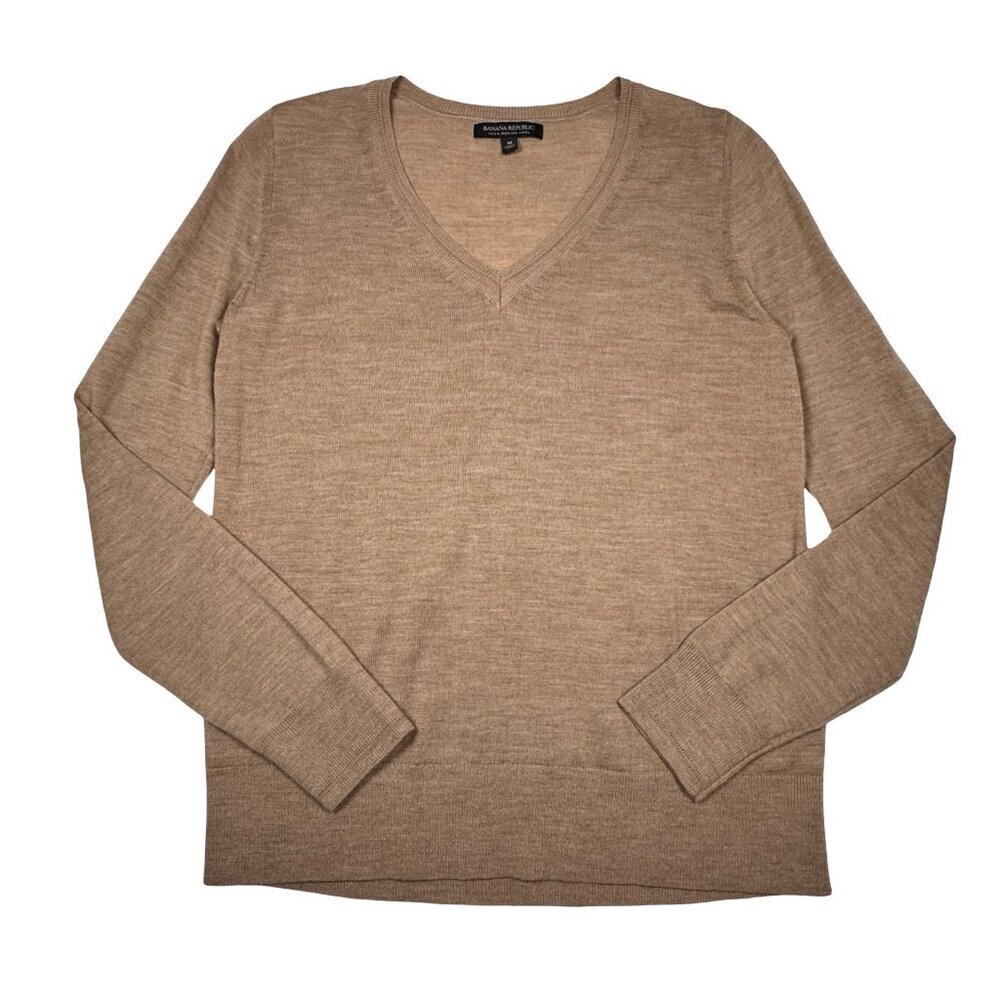 Banana Republic Merino Wool Fine Knit Sweater Sz M Tan Minimalist Old Money